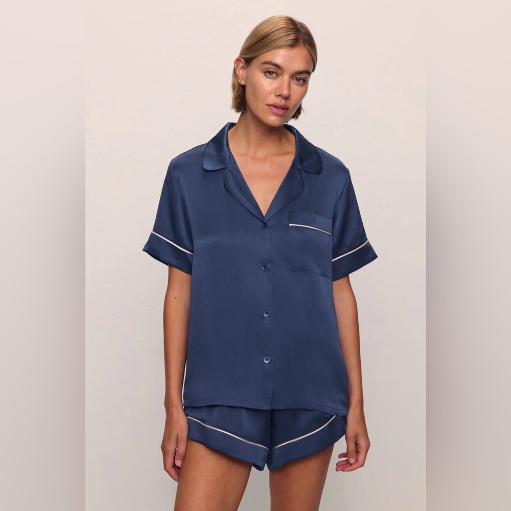 Eberjey FULL SET Inez Washable Silk‎ Short Pajamas XL Navy Champagne Loungewear